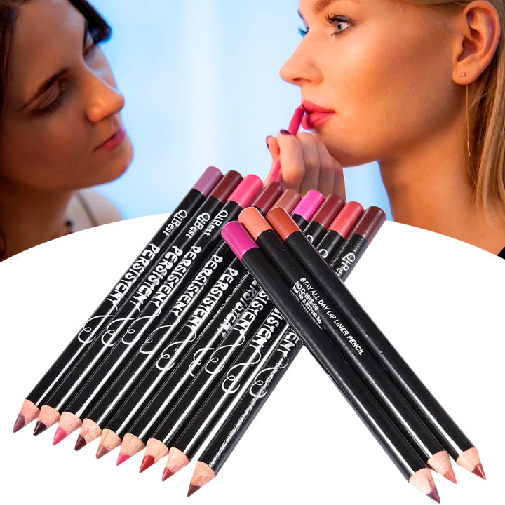 Conjunto de 12 Lápis de Contorno Labial à Prova d'Água – Longa Duração, Hidratante, Profissional, Ferramenta de Maquiagem para Lábios