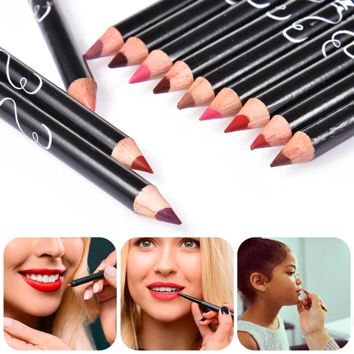 Conjunto de 12 Lápis de Contorno Labial à Prova d'Água – Longa Duração, Hidratante, Profissional, Ferramenta de Maquiagem para Lábios