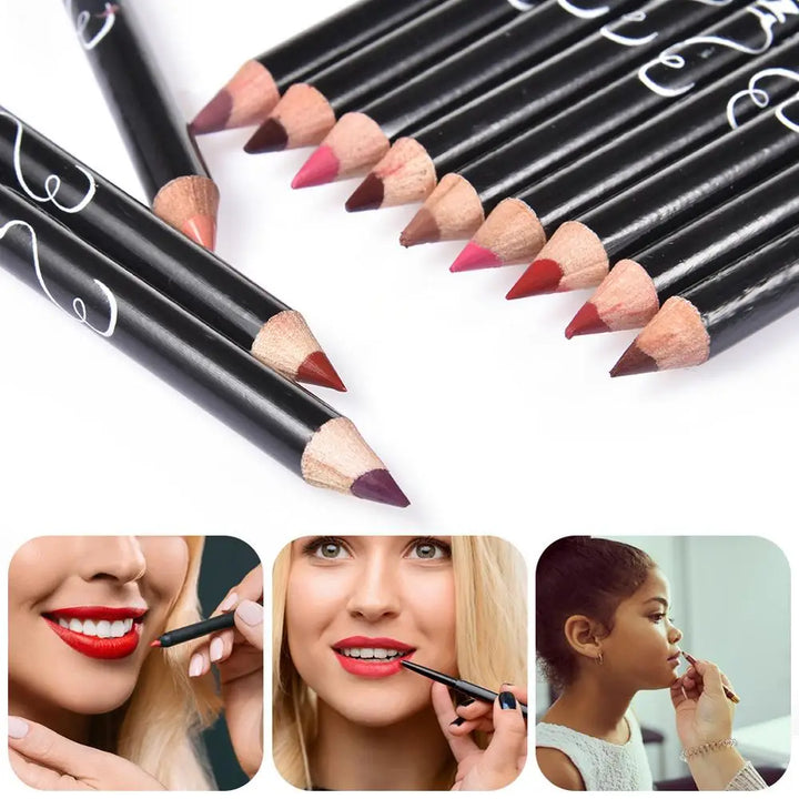 Conjunto de 12 Lápis de Contorno Labial à Prova d'Água – Longa Duração, Hidratante, Profissional, Ferramenta de Maquiagem para Lábios