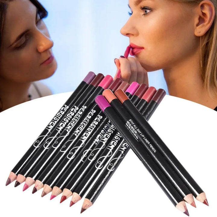 Conjunto de 12 Lápis de Contorno Labial à Prova d'Água – Longa Duração, Hidratante, Profissional, Ferramenta de Maquiagem para Lábios