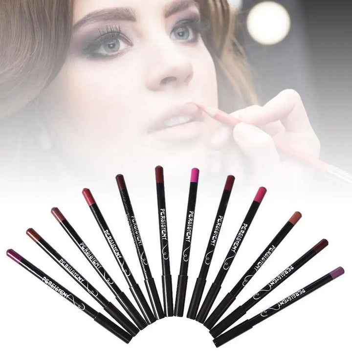 Conjunto de 12 Lápis de Contorno Labial à Prova d'Água – Longa Duração, Hidratante, Profissional, Ferramenta de Maquiagem para Lábios